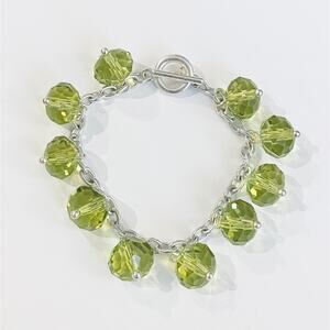 Olive Green Glass Beads Silver Toggle Bracelet